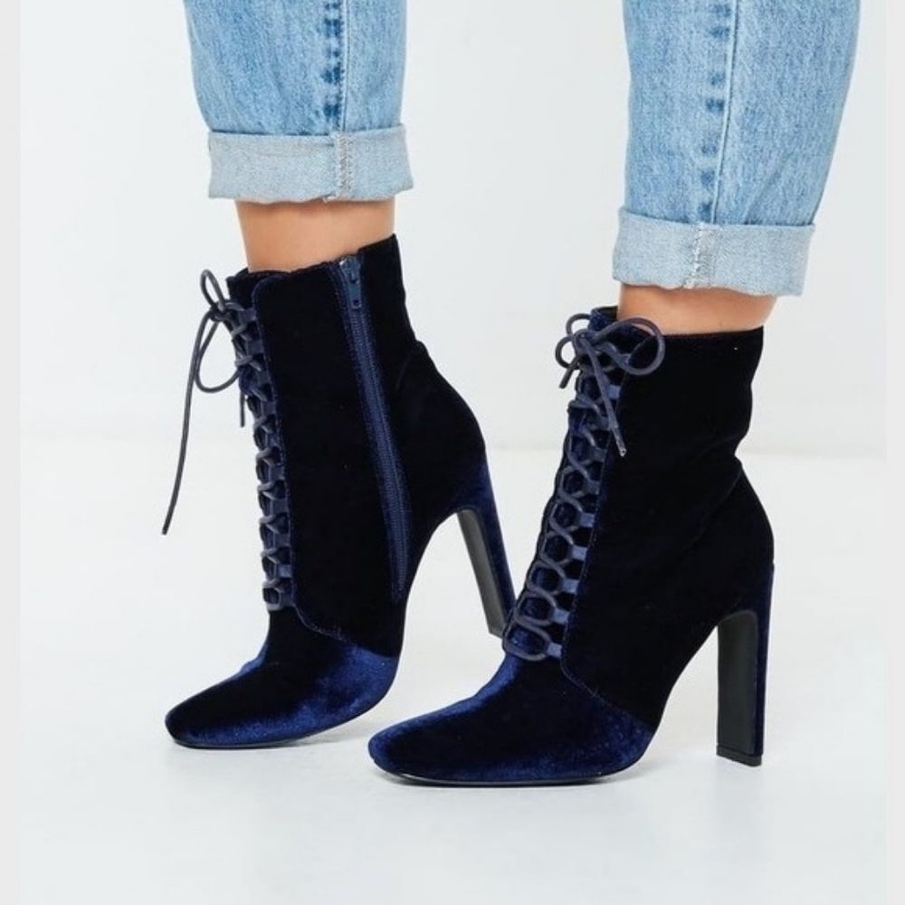 Missguided Blue‎ Velvet Lace Up Side Zip Heeled Bootie Boots